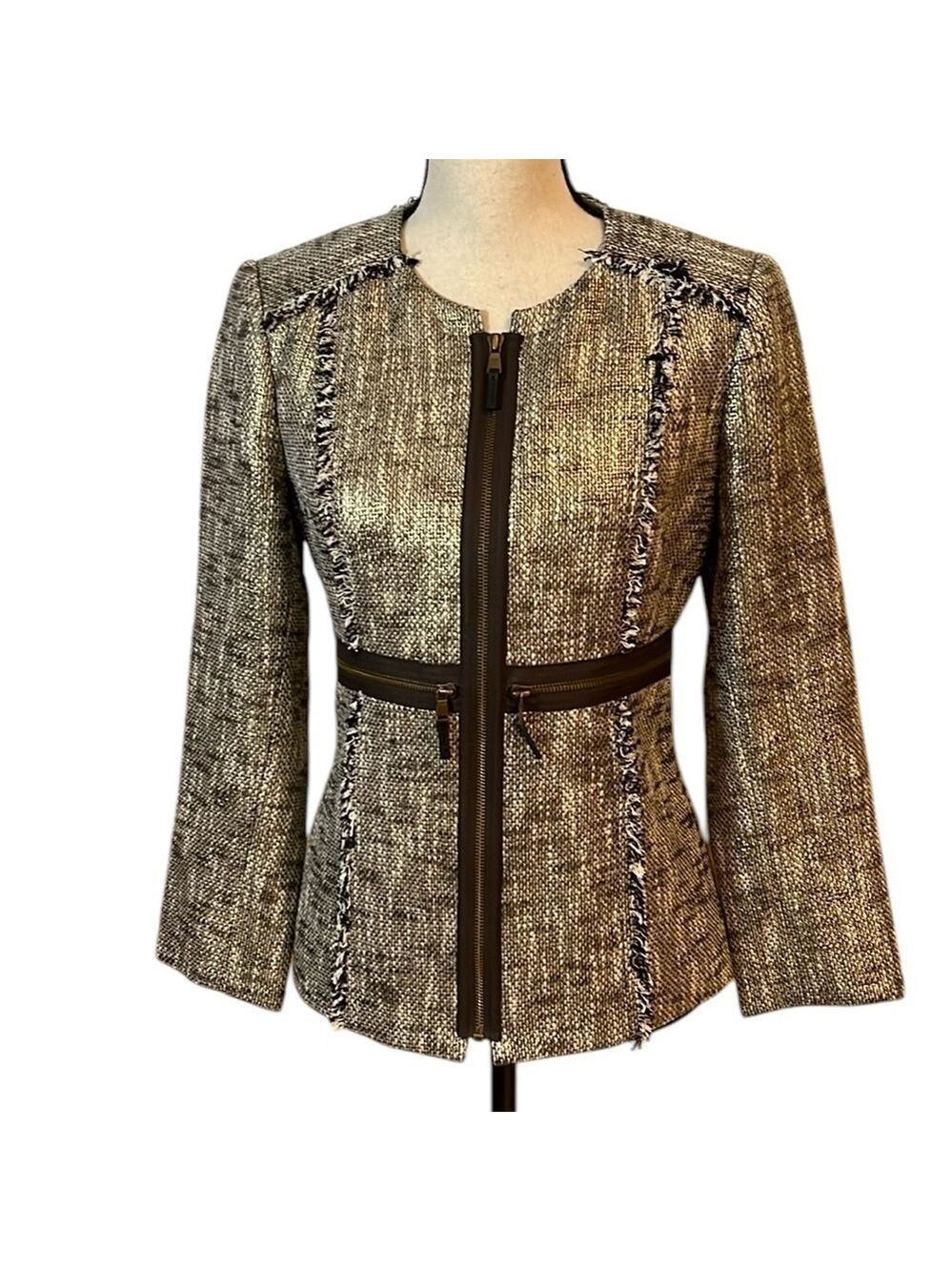 Etcetera Brown & Cream Tweed Zip-Up Fringe Jacket Sz-6